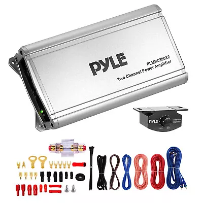 Pyle PLMRC300X2 600W 2-Ch Marine Amp Bundle With 8 Gauge Wiring Installation Kit • $102.49