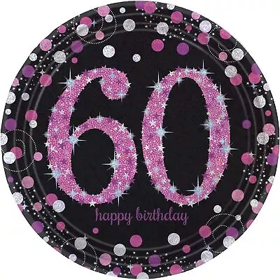 Pink Sparkling 60th Birthday Party Tableware Decoration Celebration Paper Plates • £5.80