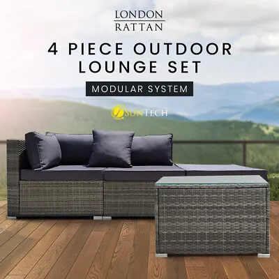 LONDON RATTAN Outdoor Lounge Setting 4Pc 3 Seater Sofa Furniture Modular Wicker  • $416