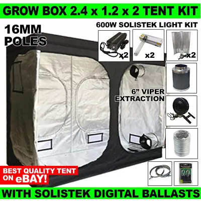 Grow Box Tent Kit 2.4 X 1.2m 16mm - 2 X Solistek Ballast Kits -6  Extraction Kit • £399.99