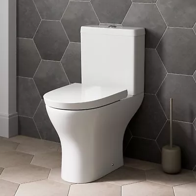 Close Coupled Toilet Modern Bathroom WC Short Projection Soft Close Seat White • £130.47