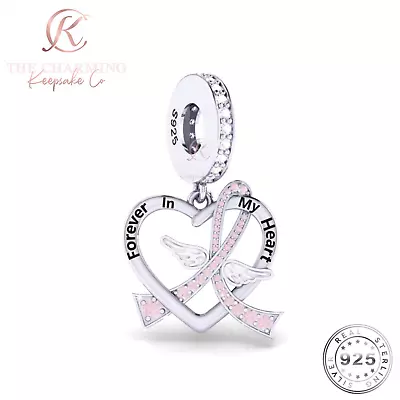 Pink Cancer Ribbon Charm 925 Sterling Silver - Cancer Awareness / Angel Wings • £16.99