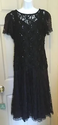 1980's Jessica McClintock Black Lace Tea Length Fancy Dress 1 Owner VEUC LG • $48.50
