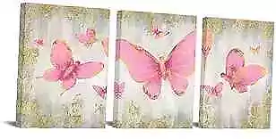  3 Piece Butterfly Pictures Wall Decor Pink And Gold Canvas Wall Art Prints  • $44.92