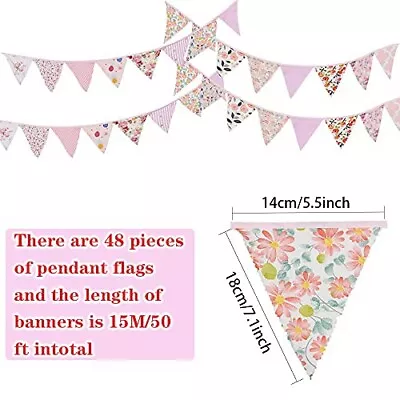 Fabric Bunting Vintage Style 50ft Pinks Cotton Garden Party Decoration Wedding • £7.99