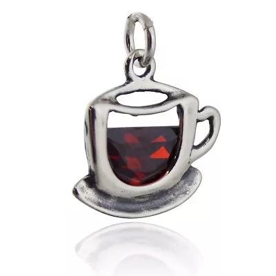 Coffee Cup Charm - 925 Sterling Silver - Clear Amber CZ Stone Tea Saucer NEW • £19.28