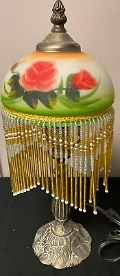 Hand Painted Roses Glass Globe Beaded Fringe Small Vintage Table Lamp • $100