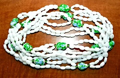 Vintage Czech White Glass & Blue / Green Confetti Glass Beaded 58  Necklace • $89.99