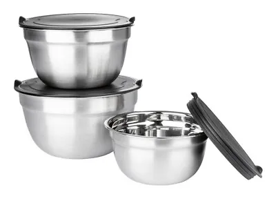 Mixing Bowls For Preparing Storing Freezing With Lids Set Of 3 Stainless Steel • £15.99
