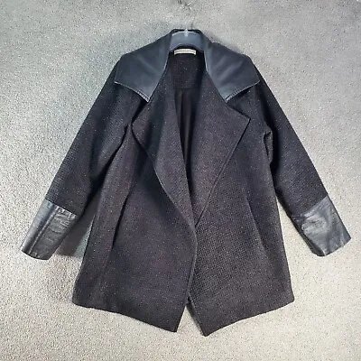 VIKTORIA WOODS Jacket Women 2 Black Long Sleeve Wool Leather Open Collared Tweed • $139.99