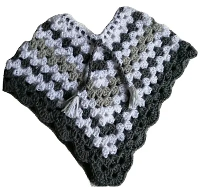 Handmade Crochet DK Poncho Grey/White Baby Age 0 To 4 Mths. L@@K! • £10