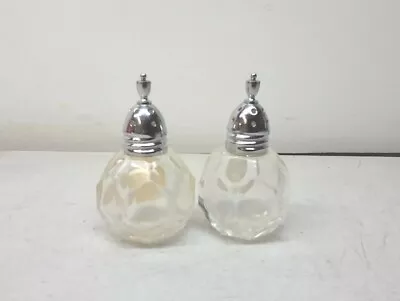 Vintage Hand Cut Crystal Salt And Pepper Shakers Chrome Colored Tops Fine Dining • $21.59