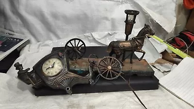 Vintage United Metal Goods Horse Drawn Carriage Lamp Light Mantel Clock  • $33