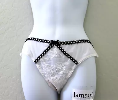 Victoria's Secret Heritage Ribbon Slot Lace Sheer Thong Panty Size XL - Ivory • $22