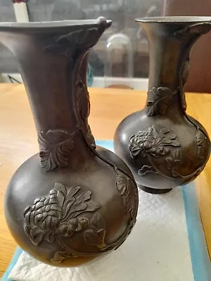 Pair Japanese Bronze Vases With Prunus Flowers In Relief C1900 • £120