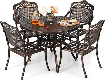 PHI VILLA Patio Furniture Dining Set Cast Aluminum Table&Chairs Umbrella Hole • $825.99