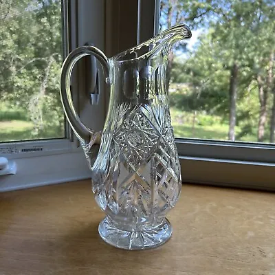 VINTAGE BEAUTIFUL CUT GLASS PITCHER Hobstars Diamonds Fan  ETCHED Stars 11.25” • $34.99