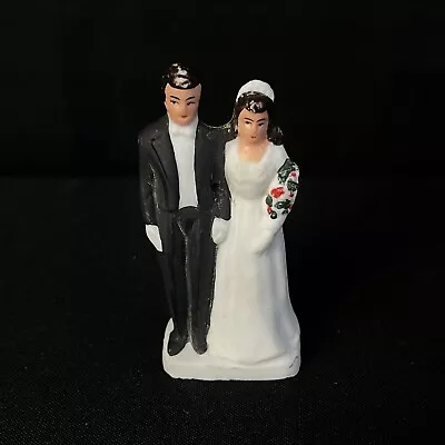 Vintage WEDDING CAKE TOPPER Couple Bride Groom Chalkware 50’s • $25.50