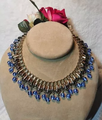 Vintage Coro Gold Tone Dangle Textured Blue Glass Bead Statement Collar Necklace • $119.77