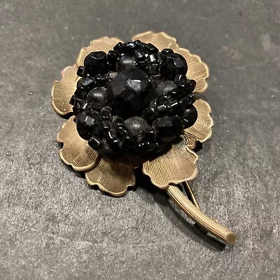 Beautiful Vintage Black And Gold Mourning Flower Brooch Pin • $10