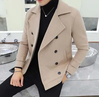 Mens Wool Blend Short Coat Double Breasted Lapel Collar Peacoat Jacket Short New • $66.11