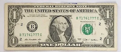 2009 TRIANARY 5 OF A KIND 7'S Fancy Serial Number One Dollar Bill (B71761777C)  • $3.99