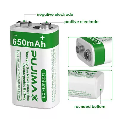 9V 650mAh 9 Volt Li-ion Rechargeable Batteries Lithium Ion Battery Charger New • £10.79