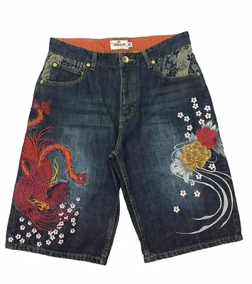 Mens Jeans Shorts Capri Denim Japanese Pattern Embroidery Phoenix Suzaku Bird • $149