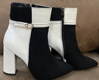 Womans Ankle Boots Sz 7.5 Trendy 4” Heels Black/white Super Cute!! • $29.99