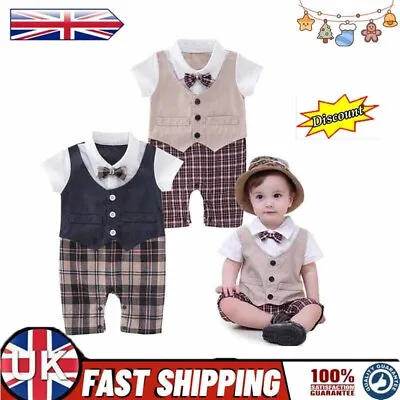 Baby Boys Formal Party Tuxedo Waistcoat Outfit Set Vest Romper Shirt Tops Pants • £11.99
