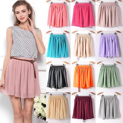 £6.99 • Buy Women Solid Chiffon Pleated Flared Elastic Waist 2 Layer Mini Skirt Short Dress