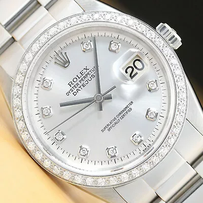 Mens Rolex Datejust Silver Dial Watch + 18k White Gold Diamond Bezel • $5499