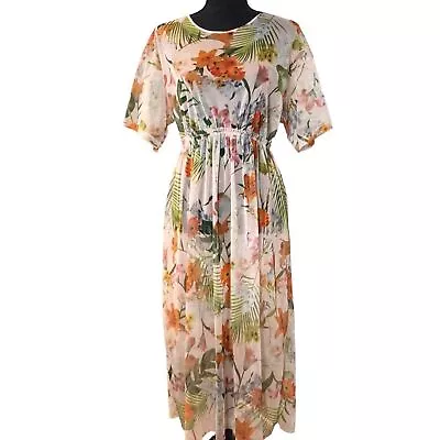 Zara Floral Sheer Tulle Mesh Overlay Midi Dress Sz M • $32.99