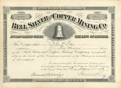 Bell Silver And Copper Mining Co. (Uncanceled) - Stock Certificate - Mining Stoc • $165