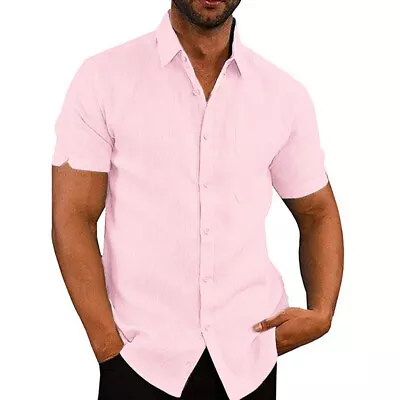 Mens Cotton Linen Shirts Summer Short Sleeve Casual Loose Buttons T Shirt Top UK • £10.49