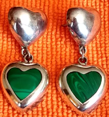 Puffed Hearts Malachite Sterling Silver Drop Earrings 1 11/16  Mexic Signed Dbl? • $50