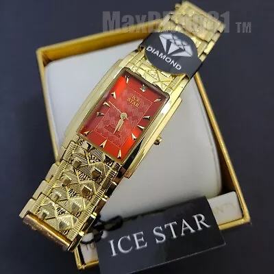 Men Luxury Lab Diamond Gold Finish Red Dial Nugget Square Icy Wrist Metal Watch • $27.99