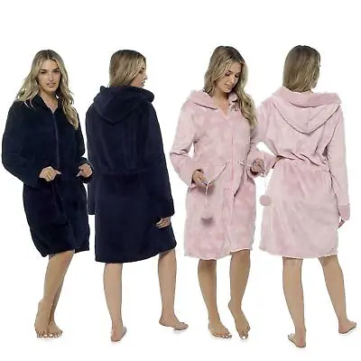 £22.99 • Buy Ladies Luxury Heart Embossed Zip Front Hooded Dressing Gown Soft Robe Bathrobe 