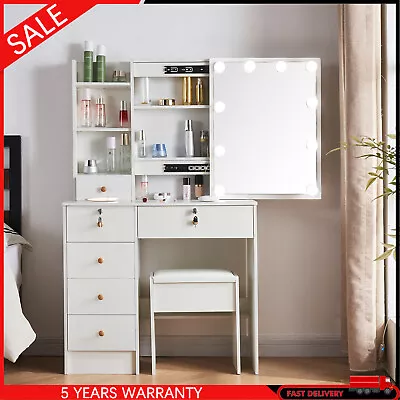 Bedroom Vanity Makeup Desk W/ Stool Set Dressing Table W/ Sliding LED Mirror UK • £136.74