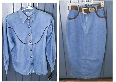 Vintage Denim Western Outfit XS Small Shirt Long Skirt Square Dance Rockabilly • $66