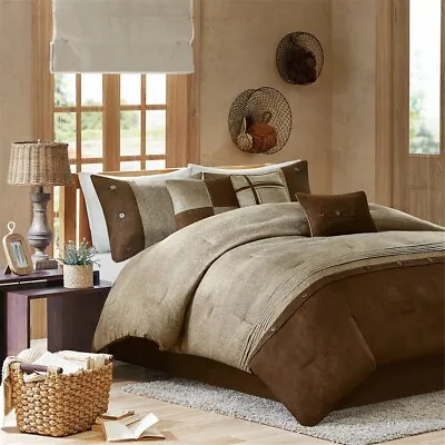Chic 7pc Textured Brown & Khaki Microsuede Comforter Set AND Decorative Pillows • $151.99