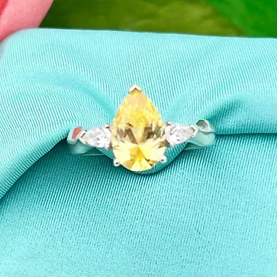 Sterling Silver 3 Carat Teardrop Yellow Citrine & Cubic Zirconia Ring-Vintage • $69