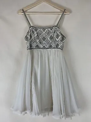 60's VINTAGE White Chiffon Party Dress Silver Beading Sz S-XS Victoria Royal LTD • $132