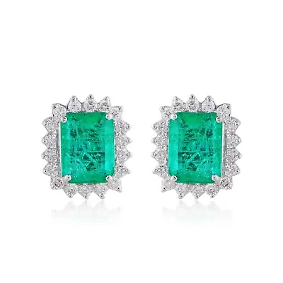 18k White Solid Gold Zambian Emerald Halo Stud Earrings SI/H Diamond 5.89 Tcw • $2523.60