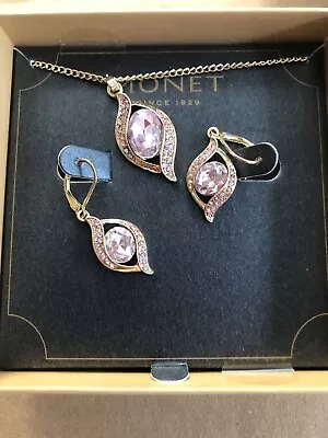 Monet Costume Jewelry Pendant And Ear Rings Set Light Pink Full Back Stone • $7