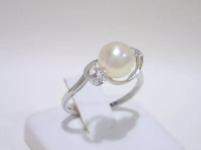 MIKIMOTO Platinum Akoya Pearl 8.0 Mm Ring With Diamonds Size 7 • $480