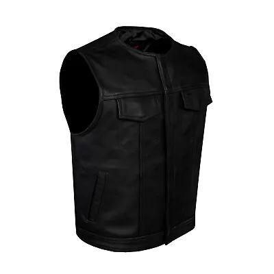 Classic Men's Black Leather Vest Motorcycle Collarless Concealed Waistcoat • $89.99