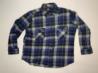 Men's Dickies Blue Plaid Flannel Shirt Long Sleeve 100% Cotton Size Large • $15.29