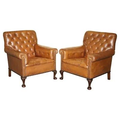 Pair Of Antique Victorian Chesterfield Brown Leather Armchairs Claw & Ball Feet • £6750