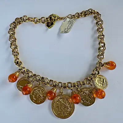 Vintage Carol DAUPLAISE 1970's Haute Couture 17  Gold Tone Charm Coin Necklace • $69.99